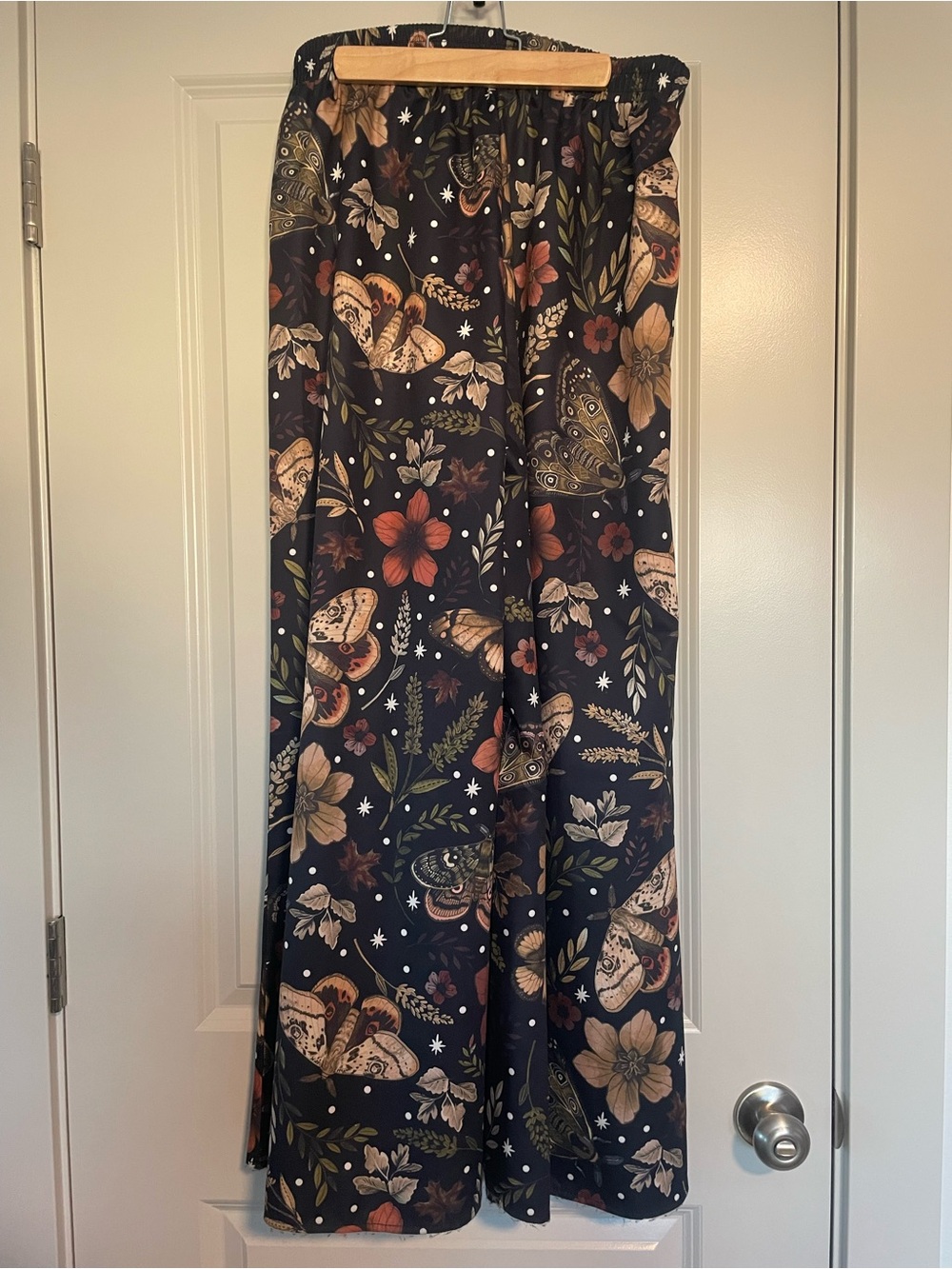 ROMWE Wide Leg Floral & Moth Print Pants - Black with Rust and Olive Accents - Picture 3 of 4